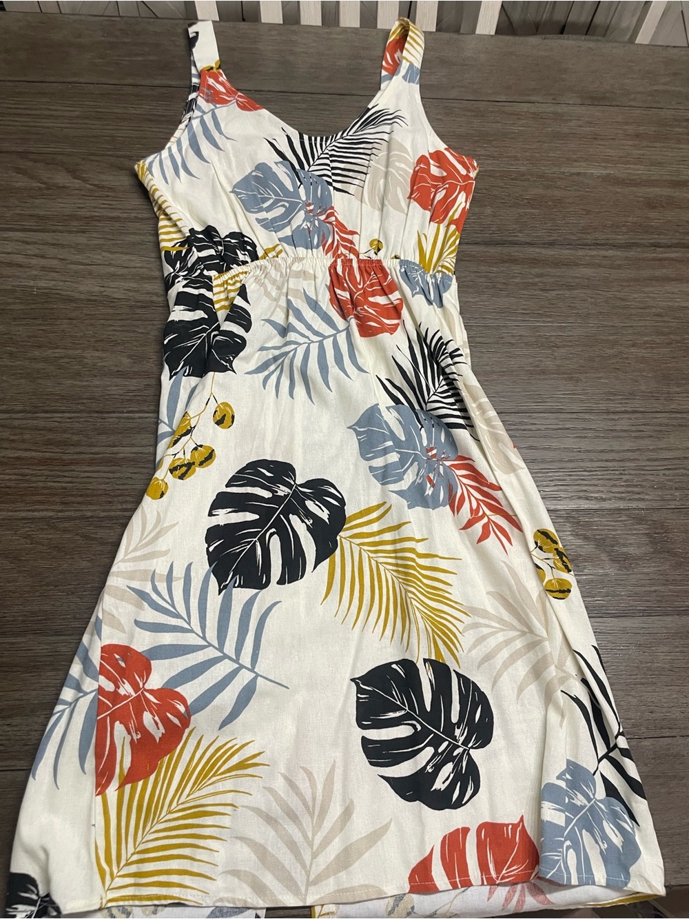 Monteau White Midi Dress with Coral, Blue, Black & Yellow Tropical Print